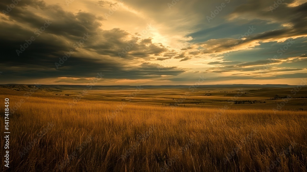 Expansive golden grassland under a dramatic sky at sundown, offering a sense of peace Expansive golden grassland under a dramatic sky at sundown, offering a sense of peace