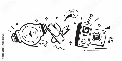 Doodle-style vector set of vintage gadgets like radios, cameras, and old-school electronics