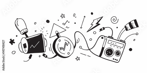 Doodle-style vector set of vintage gadgets like radios, cameras, and old-school electronics
