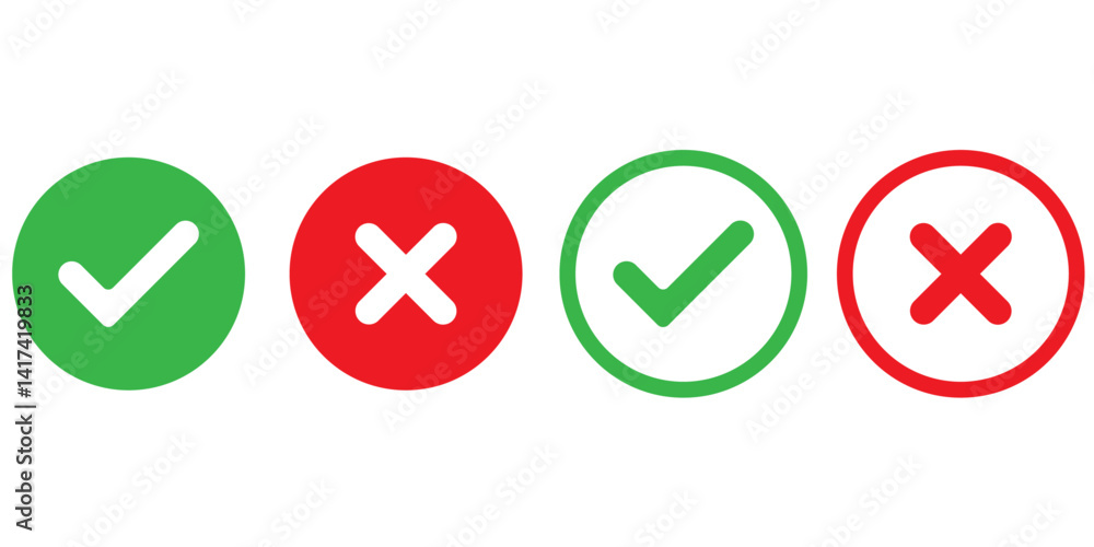 Set of tick mark and cross mark isolated with white background, check and cross mark icon set. checkmark and x mark icon use for apps and website. checkmark, icon, vector. Set of tick mark and cross mark isolated with white background, check and cross mark icon set. checkmark and x mark icon use for apps and website. checkmark, icon, vector.
