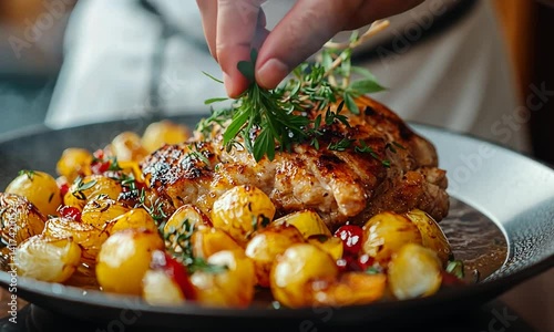 Roasted chicken and potatoes being garnished.