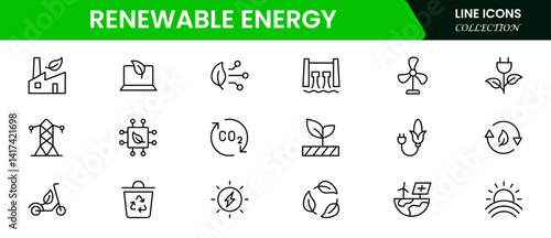 Set of outline icons related to green, renewable, and alternative energy sources. Eco icon collection. Vector illustration web line icon collection