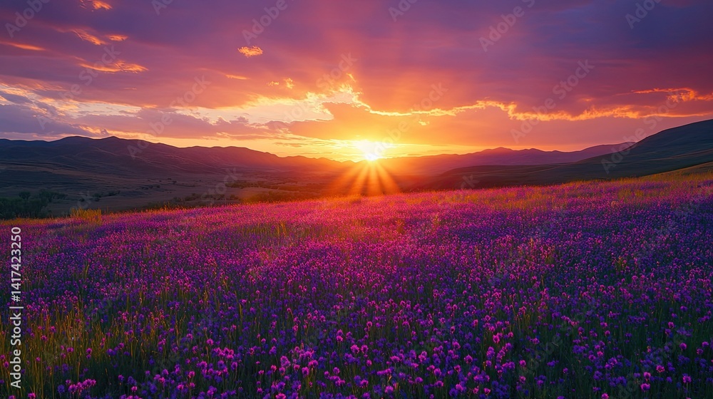 Drone’s eye view of wild purple rose meadow exploding with color against a fiery sunset sky backdrop. - Drone’s eye view of wild purple rose meadow exploding with color against a fiery sunset sky backdrop. -