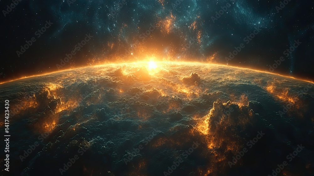 Fototapeta premium Fiery sunrise over a celestial orb.