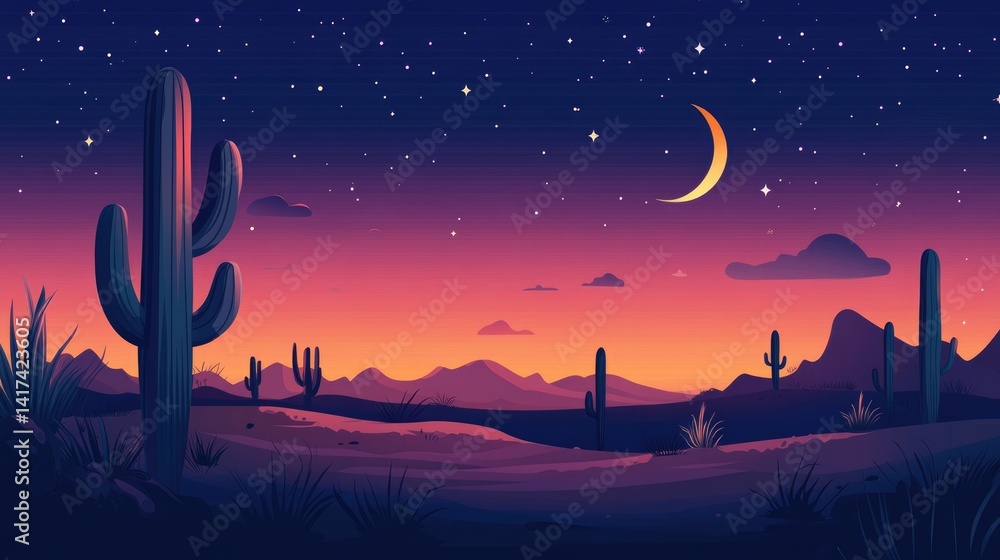 Naklejka premium Desert Night Landscape with Cacti and Crescent Moon
