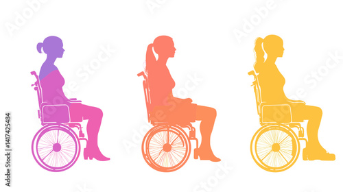 Three Colorful Female Silhouettes in Wheelchairs