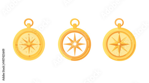 Three Golden Compasses Pixel Art Set on White Background