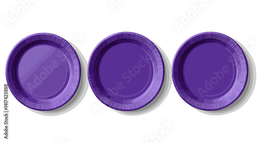 Three Purple Round Disposable Plates on White Background
