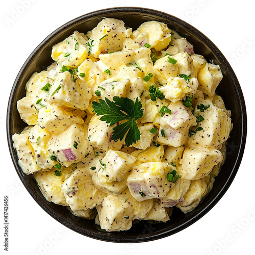 Extreme top view of a perfectly arranged Eiersalat (egg salad) in a dark glass bowl isolated on a white transparent background