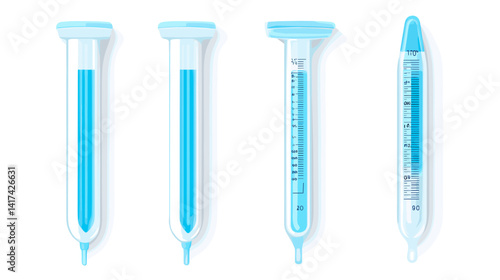 Collection of Four Clear Test Tubes with Blue Liquid, Medical Science Equipment Illustration