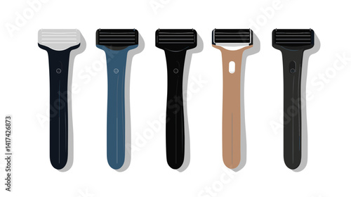 Five Razors in Different Colors on White Background
