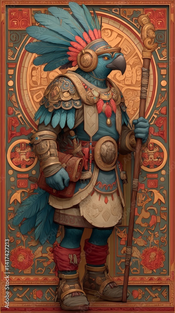 Obraz premium Huitzilopochtli depicted in blue skin with hummingbird helmet and spear surrounded by warriors