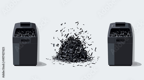 Grey Paper Shredders with Shredded Paper on White Background