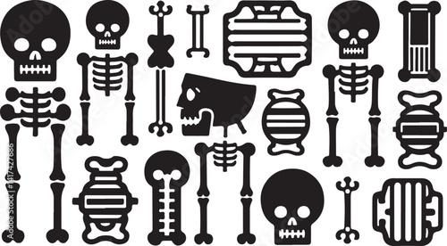 This image features a collection of black and white medical diagnostic icons, including human figures, skeletons, and X-ray symbols.