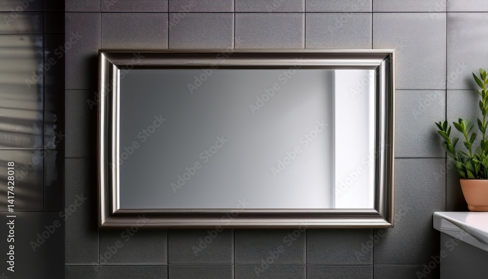 Mirror in bathroom: Elegant mirror, with its ornate frame, hangs above a sleek sink and toilet, adorned with a potted plant adding a touch of life and elegance to the scene. Mirror in bathroom: Elegant mirror, with its ornate frame, hangs above a sleek sink and toilet, adorned with a potted plant adding a touch of life and elegance to the scene.