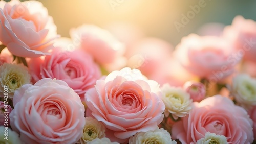 Soft Pink Roses Blooming in Pastel Colors. Floral Arrangement for Wedding or Spring Background