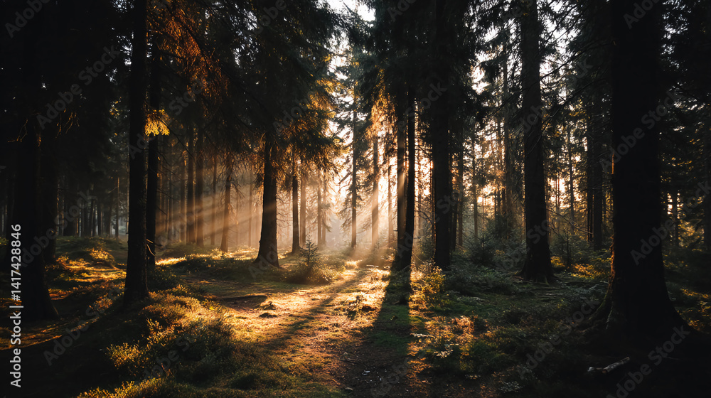 Fototapeta premium Forest sunlight streaming through dense trees, golden hour, peaceful escape