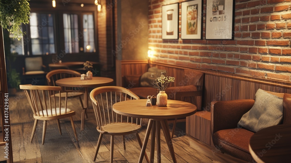 Obraz premium Inviting cafe corner with simple wooden furniture and soft lighting