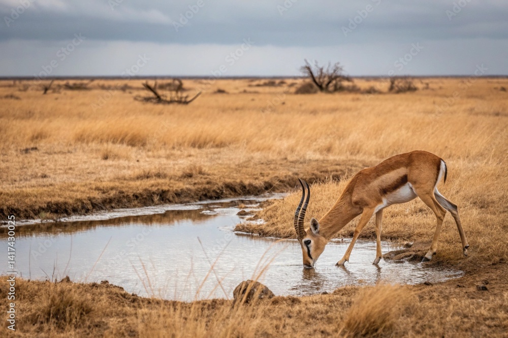 Fototapeta premium Gazelle Drinking at a Waterhole in the African Savanna