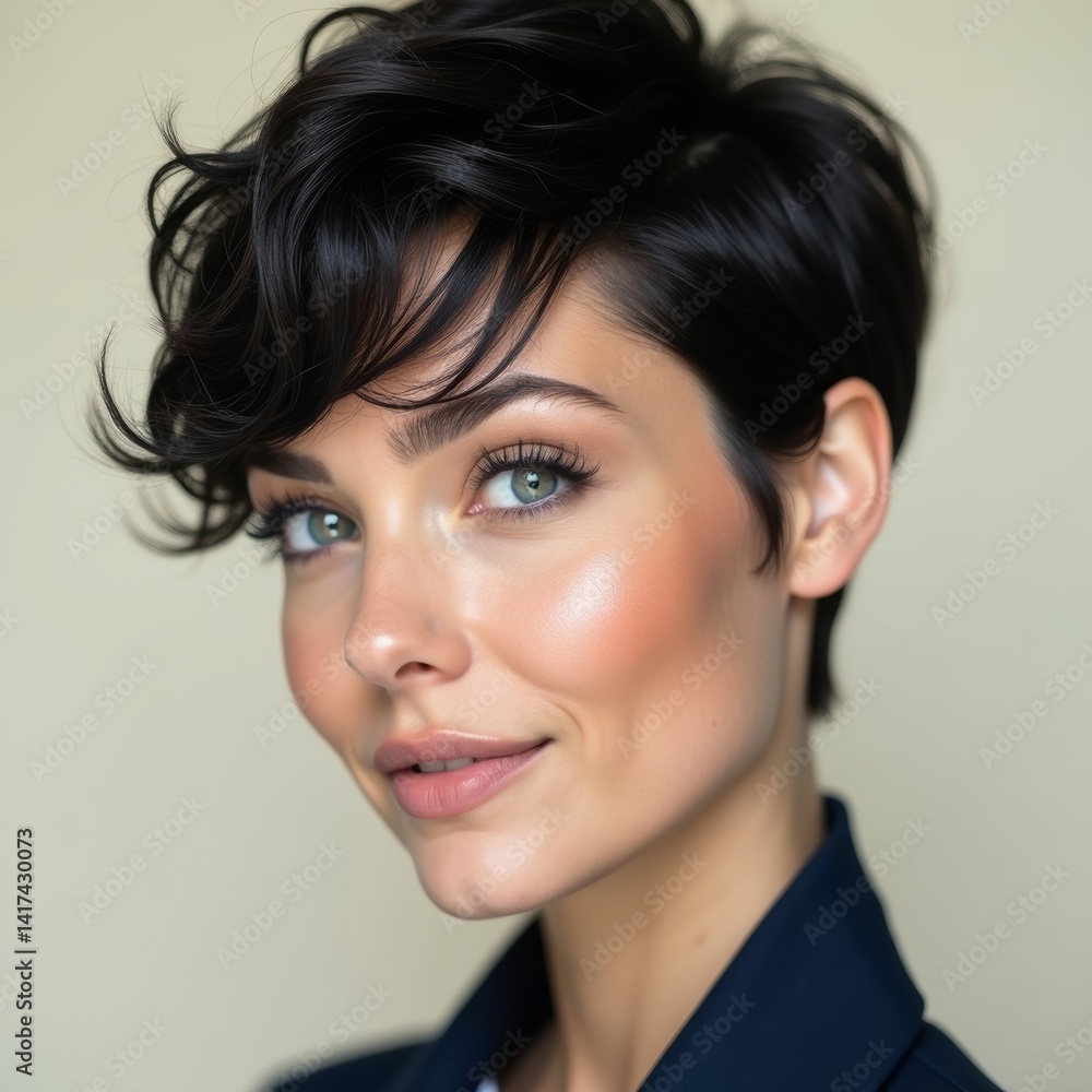 A brunette businesswoman with a close-up profile and a warm smile A brunette businesswoman with a close-up profile and a warm smile