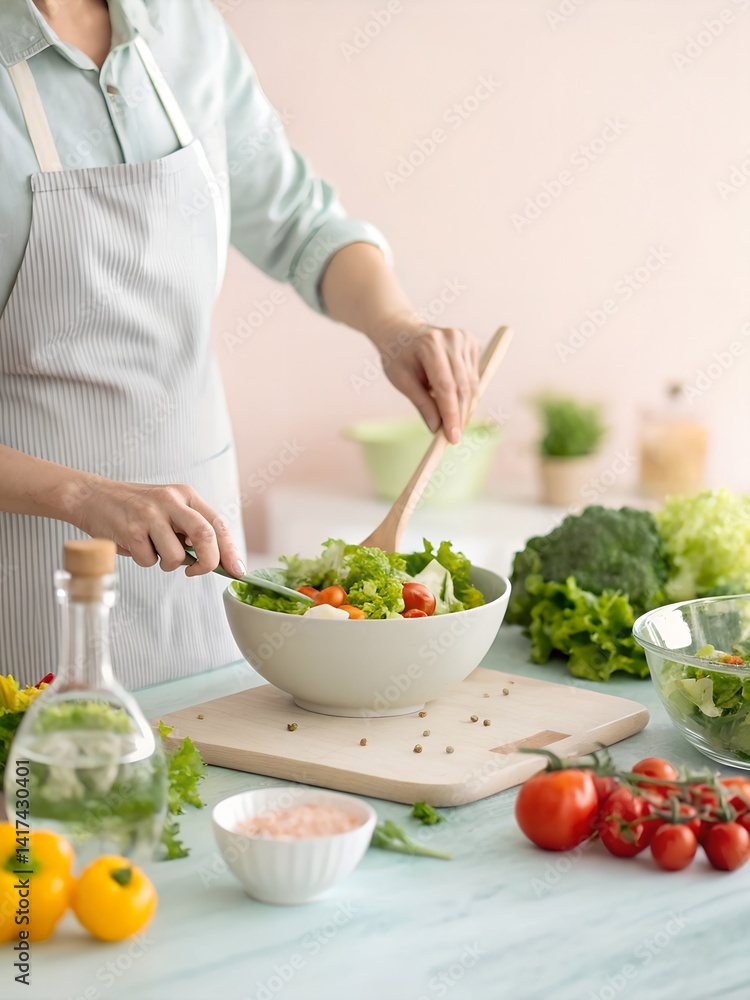 Person prepares a fresh salad in a modern kitchen with vibrant vegetables Person prepares a fresh salad in a modern kitchen with vibrant vegetables