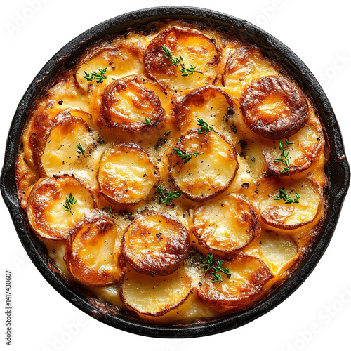 Extreme top view of a perfectly arranged Potato gratin in a dark iron skillet isolated on a white transparent background