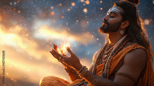 Lord Shiva performing Shiv Tandav on a celestial platform floating in a starry sky, surrounded by glowing constellations and planets