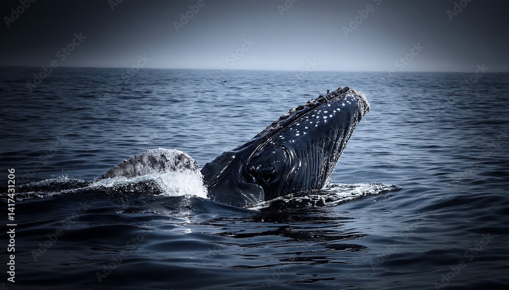 Fototapeta premium Majestic Humpback Whale Breaching Water Surface in Calm Ocean with Gentle Waves and Dark Horizon