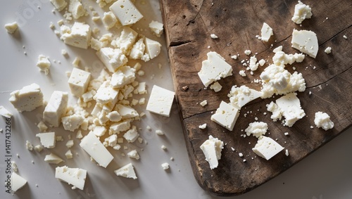 Close up of crumbled white cheese on wooden board culinary food related projects