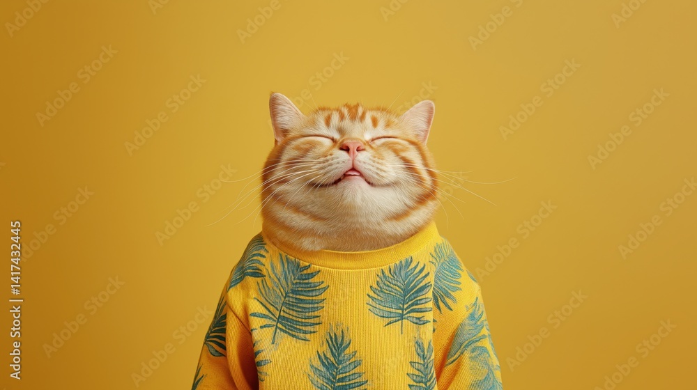 Cat in colorful sweater enjoys sunny disposition against bright yellow backdrop.