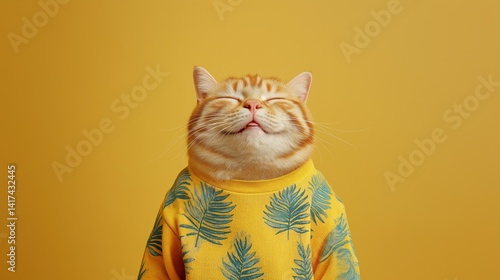Obraz na płótnie Cat in colorful sweater enjoys sunny disposition against bright yellow backdrop. w salonie