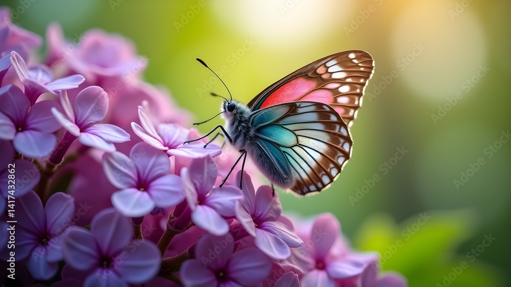 Naklejka premium Close-up of a Colorful Butterfly on Purple Flowers in Natural Light