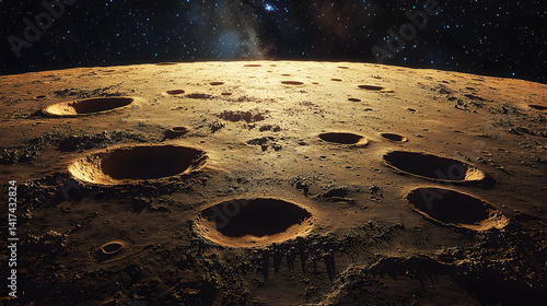 A textured, light brown planetary surface is dotted with dark, circular impact craters of various sizes. Above the planet, a dark sky is visible, lightly speckled with white stars.
