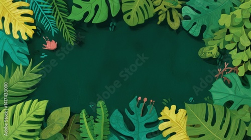 Obraz na płótnie Vibrant tropical leaves create a lush frame on a dark green background for creative designs and layouts. w salonie