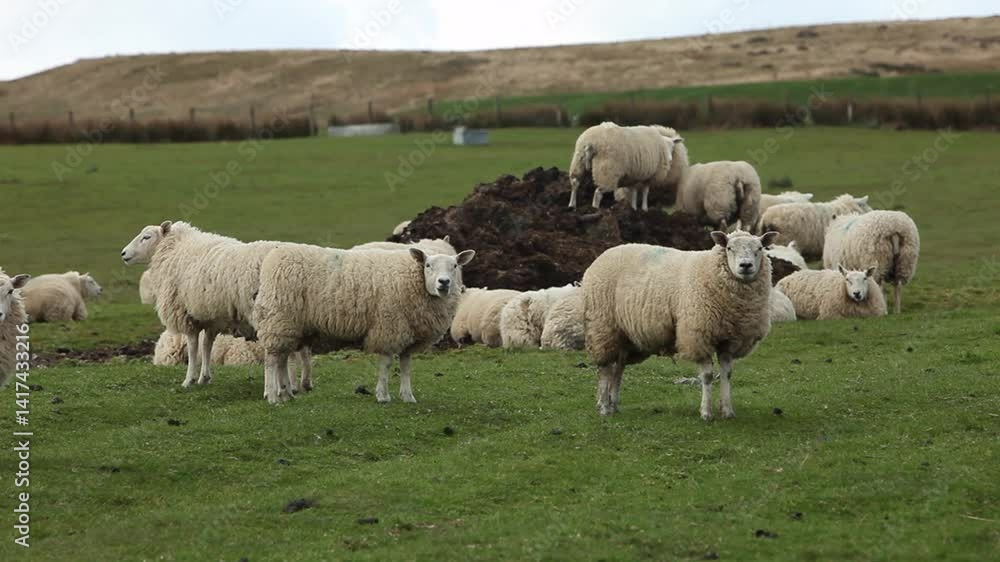 A herd of Ewes in an upland field in early Spring. Powys. Wales. UK A herd of Ewes in an upland field in early Spring. Powys. Wales. UK