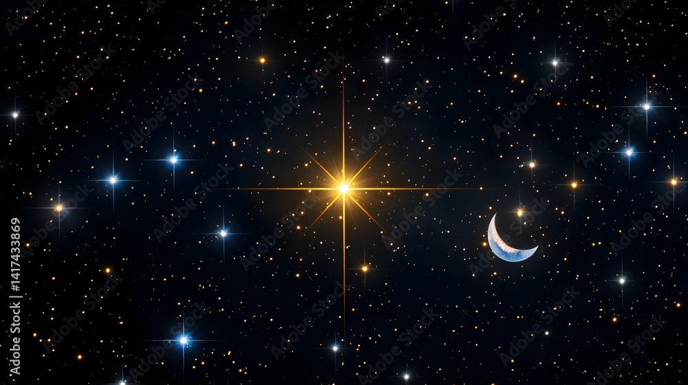 Obraz premium Illustration of a night sky with a bright star at the center, surrounded by other stars and a crescent moon. This appears to be part of a selection of images to be uploaded for submission.
