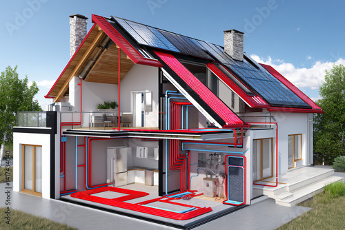 cross-section visualization of energy-efficient home showing insulation, airflow, and solar heating systems