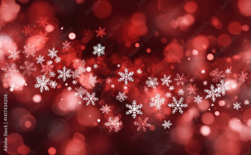 A festive winter background featuring delicate snowflakes on a rich red bokeh backdrop. Perfect for holiday cards or designs. A festive winter background featuring delicate snowflakes on a rich red bokeh backdrop. Perfect for holiday cards or designs.