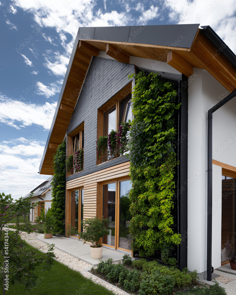 Obraz premium contemporary passive house with rainwater collection system and vertical garden wall beneath partly cloudy blue sky