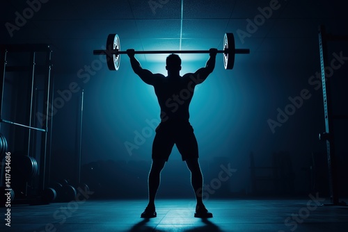 Silhouette of a weightlifter holding a barbell overhead in a gym