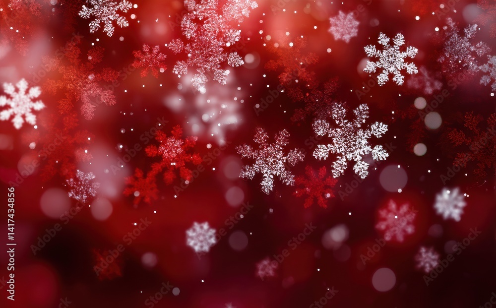 Red and white snowflakes falling on a dark red background. Festive winter holiday background. Red and white snowflakes falling on a dark red background. Festive winter holiday background.