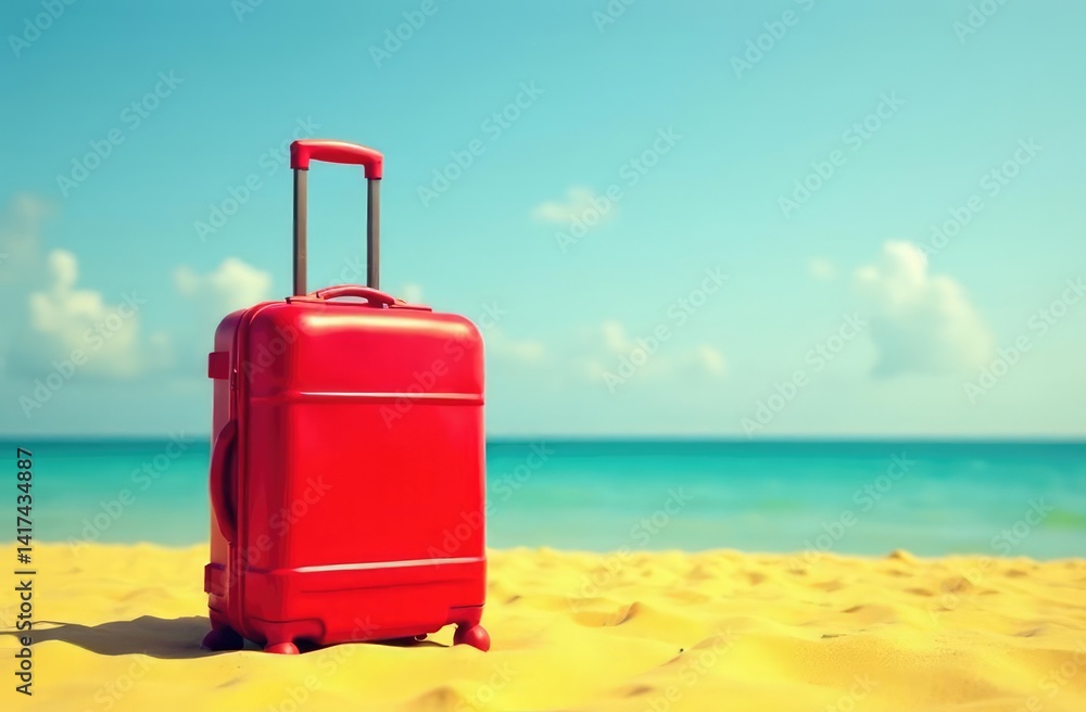 a red suitcase on the beach against the background of the sea. Vacation concept a red suitcase on the beach against the background of the sea. Vacation concept