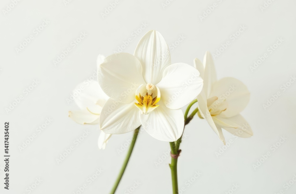 Obraz premium Beautiful vanilla flower and sticks on white background