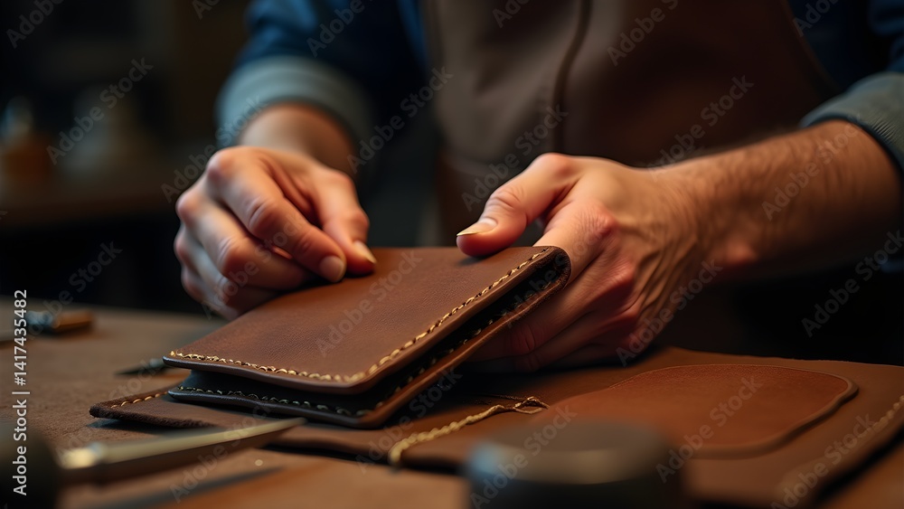 Close-up of artisan's hands crafting a bespoke leather wallet in a workshop, showcasing craftsmanship Close-up of artisan's hands crafting a bespoke leather wallet in a workshop, showcasing craftsmanship