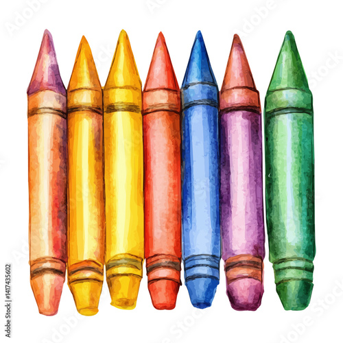 Set Of Colorful Crayons With Sharp Tips, vector watercolor illustration, isolated on a white background.