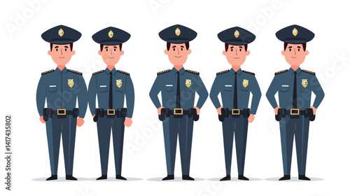 Vector illustration of police-related symbols including badge, officer silhouette, patrol car, and handcuffs in modern flat design style, representing law enforcement, security, protection, justice, 