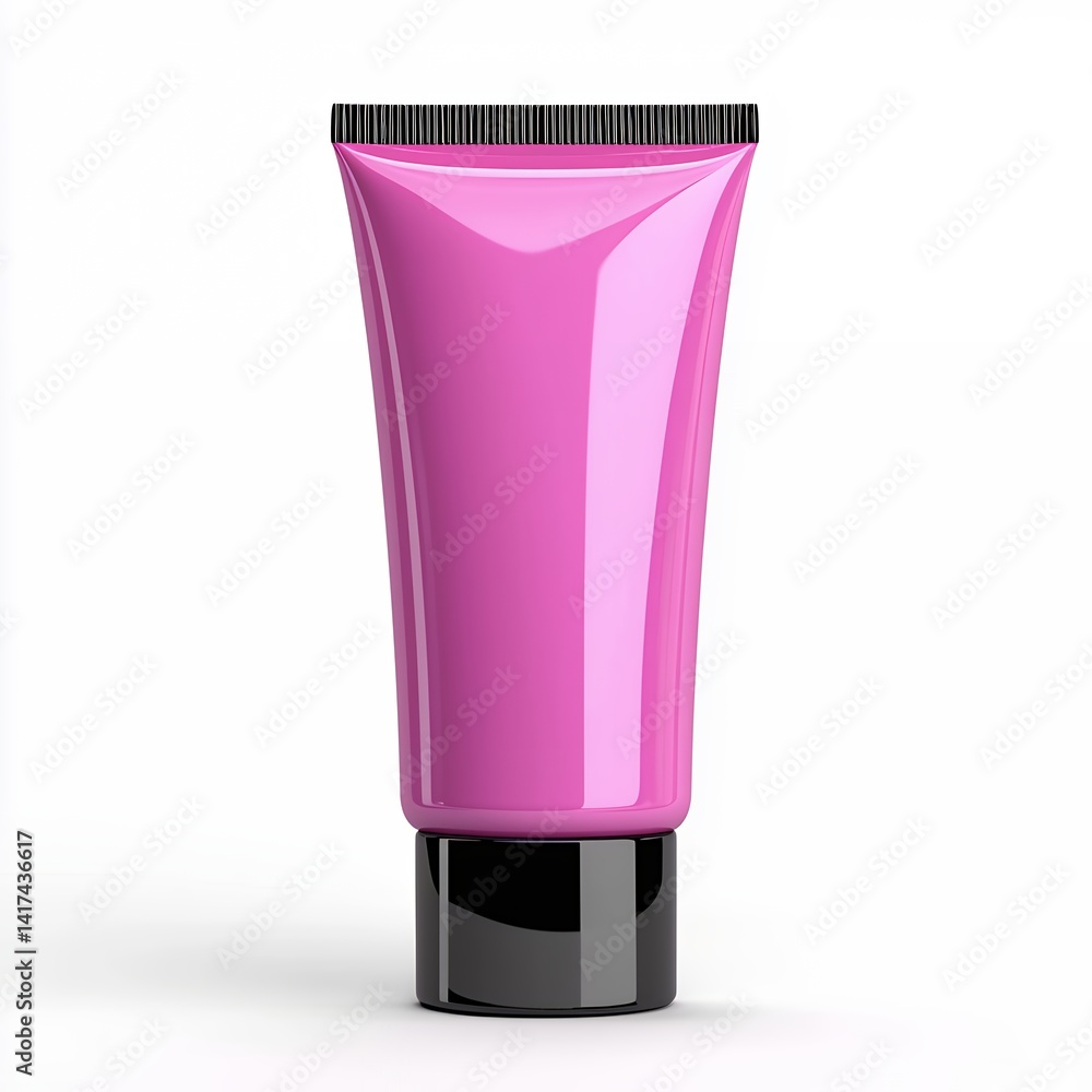 Glossy Pink Cosmetic Tube with Black Cap on White Background Glossy Pink Cosmetic Tube with Black Cap on White Background