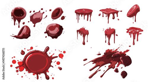 Realistic red blood splatter around edges on white background, detailed dripping texture, horror or crime concept for Halloween graphics, forensic design, medical illustration