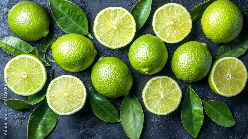 Limes & leaves sit on a dark surface Limes & leaves sit on a dark surface