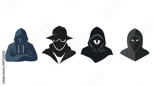 Anonymous hacker in dark theme vector illustration representing cybersecurity risks, data protection, internet privacy, hacking threats, and digital identity concealment in modern technology 
